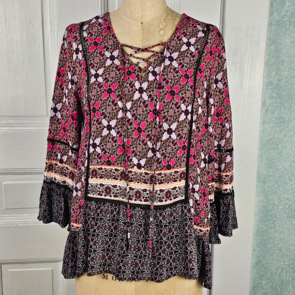 Cottage core boho peasant fairy long sleeve top floral lace ruffled L